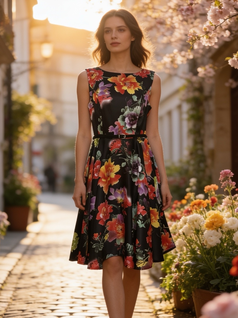 Grace Karin Floral Midi Dress Black & Red Small Like New